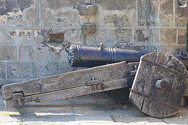 Old cannon at the top of Diu fort Daman Diu India.