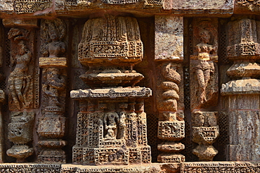 Superbly carved intricate sculptures adorn the existed Konark Sun Temple's exterior. these include deities, floral and geometric patterns, dancers.musicians, elephants, birds,mythical creatures and...lovers in erotic poses.