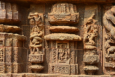 Superbly carved intricate sculptures adorn the existed Konark Sun Temple's exterior. these include deities, floral and geometric patterns, dancers.musicians, elephants, birds,mythical creatures and...lovers in erotic poses.