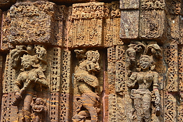 Superbly carved intricate sculptures adorn the existed Konark Sun Temple's exterior. these include deities, floral and geometric patterns, dancers.musicians, elephants, birds,mythical creatures and...lovers in erotic poses.