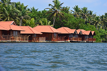 Floating cottages near Poovar islands in the backwaters of Kerala, India, Asia