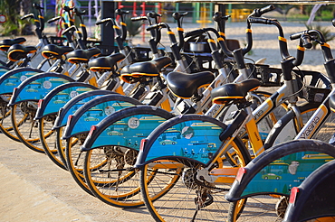 Bicycles available on rent in Nagao Beach to stop air pollution caused by fossil fuel vehicles, Nagao Beach, Diu, India, Asia