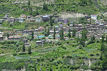 View from Kardang Monastery, on the Manali to Leh Highway, of Bhaga Rivier and Keylong, district headquarters of Lahaul and Spiti, Himachal Pradesh, India, Asia