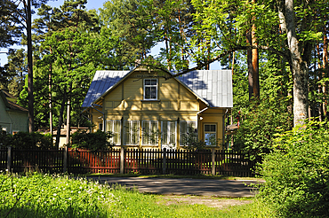 Typical wooden house at Jurmala, Gulf of Riga, Latvia, Baltic region, Europe