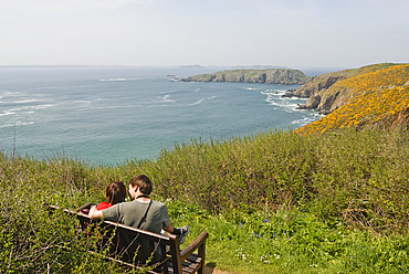 the coast along Grand Greve Bay at La Coupee, Sark island,Bailiwick of Guernsey,British Crown dependency,English Channel,Atlantic Ocean,Europe