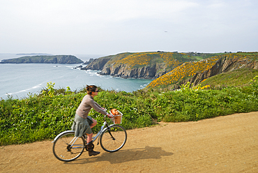 bike ride on the coast along Grand Greve Bay at La Coupee, Sark island,Bailiwick of Guernsey,British Crown dependency,English Channel,Atlantic Ocean,Europe