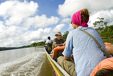 Motor boat trip on the Approuague River, French Guiana, Overseas department and region of France, French Guiana, South America