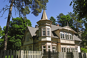 Typical wooden house at Jurmala, Gulf of Riga, Latvia, Baltic region, Europe