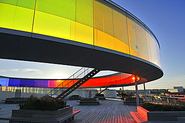 Your Rainbow Panorama, a circular skywalk with windows in the colors of the rainbow, by Olafur Eliasson, Danish-Icelandic artist, on the top of ARoS Aarhus Kunstmuseum, designed by Danish architects Schmidt Hammer Lassen, Aarhus, Jutland, Denmark, Europe