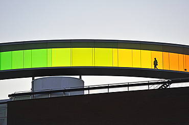 the installation 'Your rainbow panorama', a circular skywalk with windows in the colors of the rainbow (by Olafur Eliasson, a Danish-Icelandic artist) on the top of ARoS Aarhus Kunstmuseum (designed by Danish architects Schmidt Hammer Lassen), Aarhus, Jut