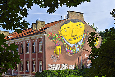 Mural painting by Os Gemeos, two Brazilian twin brothers, graffiti and street artists, Pylimo Street 60, Vilnius, Lithuania, Europe