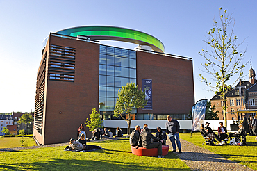 ARoS Aarhus Kunstmuseum (designed by Danish architects Schmidt Hammer Lassen) topped with the installation 'Your rainbow panorama' a circular skywalk with windows in the colors of the rainbow (by Olafur Eliasson, a Danish-Icelandic artist), Aarhus, Jutlan