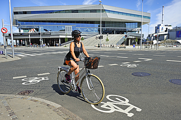 cycle roadway marking at the crossroads in front of Dokk1, Library and Citizens' Services on Urban Waterfront of Aarhus, Jutland Peninsula, Denmark, Northern Europe