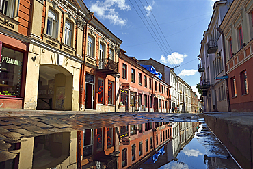 Reflections in Traku Street, Vilnius, Lithuania, Europe