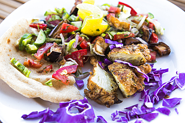 Salad served aboard the Dahabeah,passenger river boat of the Lazuli fleet, sailing on the Nile river, Egypt, northeast Africa