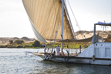 Dahabeah under sail, passenger river boat of the Lazuli fleet, sailing on the Nile river near Aswan, Egypt, northeast Africa