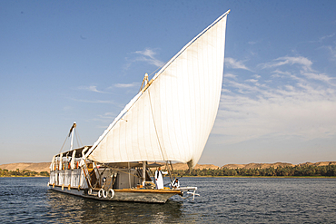 Dahabeah under sail, passenger river boat of the Lazuli fleet, sailing on the Nile river near Aswan, Egypt, North Africa, Africa