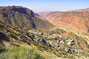 View over the Dana Valley from Dana village, Dana Biosphere Reserve, Jordan, Near East, Southern Levant, West Asia