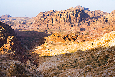 View of the circus of mountains where the Historic and archaeological Nabataean city of Petra is located, UNESCO World Heritage Site, Jordan, Near East, Southern Levant, West Asia