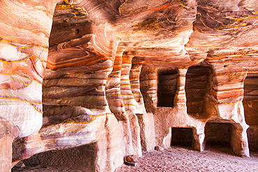 Multicolored sandstone, due to the various oxides, in which were dug and carved caves and tombsHistoric and archaeological Nabataean city of Petra, UNESCO World Heritage Site, Jordan, Near East, Southern Levant, West Asia