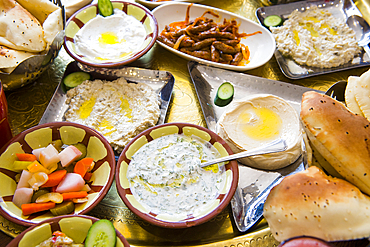 Meze served at Tawaheen El Hawa restaurant, Amman, Jordan, Near East, Southern Levant, West Asia