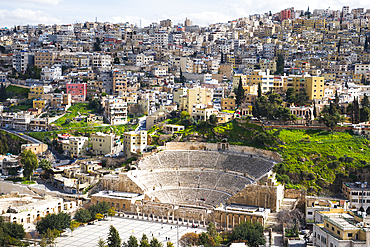 View of the Roman theatre and the South-East districts from the top of the Citadel hill, Amman, Jordan, Near East, Southern Levant, West Asia