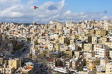 North-East district with, in the background, the Jordanian flag and its 126m flagpole erected in front of the Raghadan Palace. View from the top of Citadel Hill Amman, Jordan, Near East, Southern Levant, West Asia