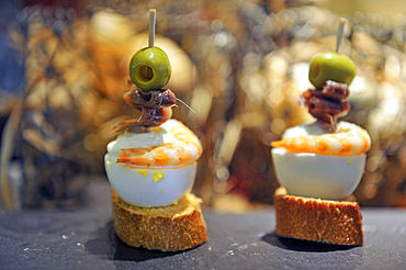 pintxos served at Bokado Bar just beside the San Telmo Museum, San Sebastian, Bay of Biscay, province of Gipuzkoa, Basque Country, Spain,Europe