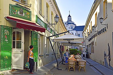 Terrace and facade of the restaurant Poniu Laime in Stikliu street, Vilnius, Lithuania, Europe