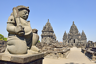 stone gate guardian (dvarapala) of Sewu Temple Compound, eighth century Buddhist temple located at the north of Prambanan Temple Compounds, region of Yogyakarta, Java island, Indonesia, Southeast Asia