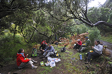 Picnic on side of Rabacal levada walk towards the 25 Fountains cirque, Madeira island, Atlantic Ocean, Portugal