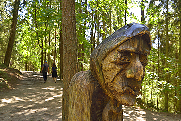 Outdoor wooden sculpture gallery on the Hill of Witches, near Juodkrante, Curonian Spit, Lithuania, Baltic States, North Europe