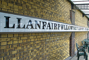 Llanfairpwllgwyngyllgogerychwyrndrobwllllantysiliogogogoch (Llanfair PG) (Llanfairpwll), one of world's longest place names, Anglesey, Wales, United Kingdom