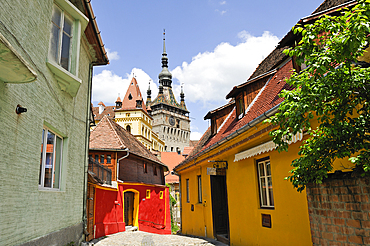 Clock Tower seen from south path leading into Old Town,Sighisoara, Transylvania,Romania,Southeastern and Central Europe