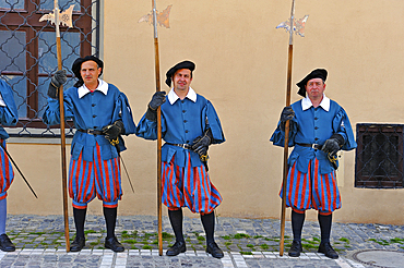 guards in medieval costume beside the former Council House housing a History Museum, Council Square (piata Sfatului), Brasov, Transylvania,Romania,Southeastern and Central Europe