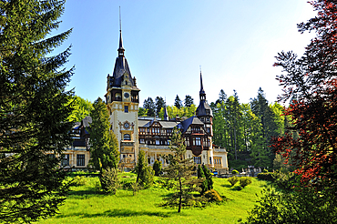 Peles Castle in the Carpathian Mountains near the mountain resort of Sinaia, Wallachia region, Romania