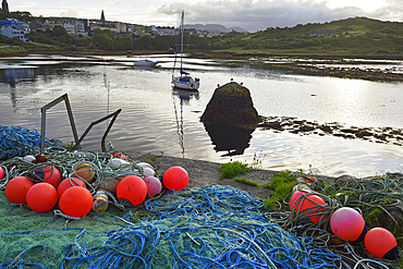 Fishing net on quay of the harbour at Clifden, Connemara, County Galway, Connacht, Republic of Ireland