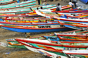 Fishing dugout boats on beach, Ngor village, Pointe des Almadies, Dakar, Senegal, West Africa