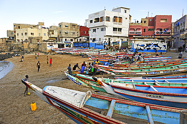 Fishing dugout boats on beach, Ngor village, Pointe des Almadies, Dakar, Senegal, West Africa