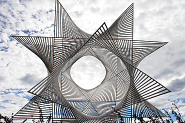 stainless steel sculpture called Ouverture au Monde by the artist Angel Duarte,Osche pier in Ouchy,Leman Lake,Lausanne,Canton of Vaud,Switzerland,Europe