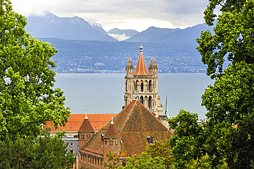 Cathedral of Notre Dame Tower and Chateau Saint-Maire roof with the Leman Lake in background seen from the gardens of the Fondation de l'Hermitage,Lausanne,Canton of Vaud,Switzerland,Europe