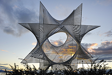 stainless steel sculpture called Ouverture au Monde by the artist Angel Duarte,Osche pier in Ouchy,Leman Lake,Lausanne,Canton of Vaud,Switzerland,Europe