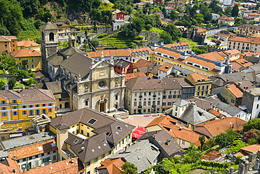 Bellizona and the Church of Saints Peter and Steven, seen from Castelgrande, Canton Ticino, Switzerland