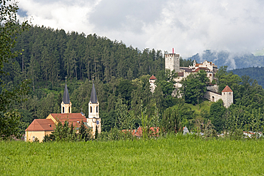 Brunico (Bruneck) Castle and Old Town with the Church of the Assumption of Mary in the foreground, region of Trentino-Alto Adige, Sudtyrol, South Tyrol, Italy, South-central Europe