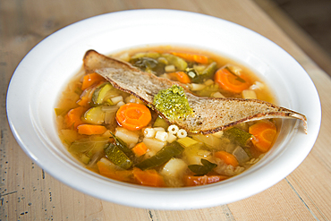 Minestrone soup at Mountain refuge Pian di Cengia (Bullelejochhutte), Three Peaks Nature Park, Dolomites, South Tyrol (Alto Adige), Italy