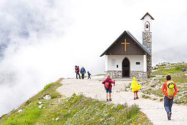 Cappella degli Alpini in the fog, Three Peaks nature park, Trentino-Alto Adige, Sudtyrol, South Tyrol, Italy, South-central Europe