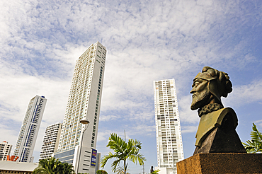 Bust of Pedro Arias de Avila, 1440-1531 ,founder of the city of Panama in 1519, at the visitors center of Panama Viejo, Panama City, Republic of Panama, Central America