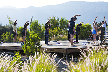 Early morning Yoga class, Alila Jabal Akhdar hotel, 2000 masl, surrounded by Al Hajar Mountains, Sultanate of Oman, Arabian Peninsula