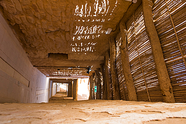 Corridor at Dar Tantora The House Hotel, a renovated original mudbrick village in the oasis of AlUla, Medina Province, Saudi Arabia, Middle East