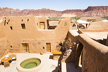 Inner patio of an house (Dar) of Dar Tantora The House Hotel, a renovated original mudbrick village in the oasis of AlUla, Medina Province, Saudi Arabia, Middle East